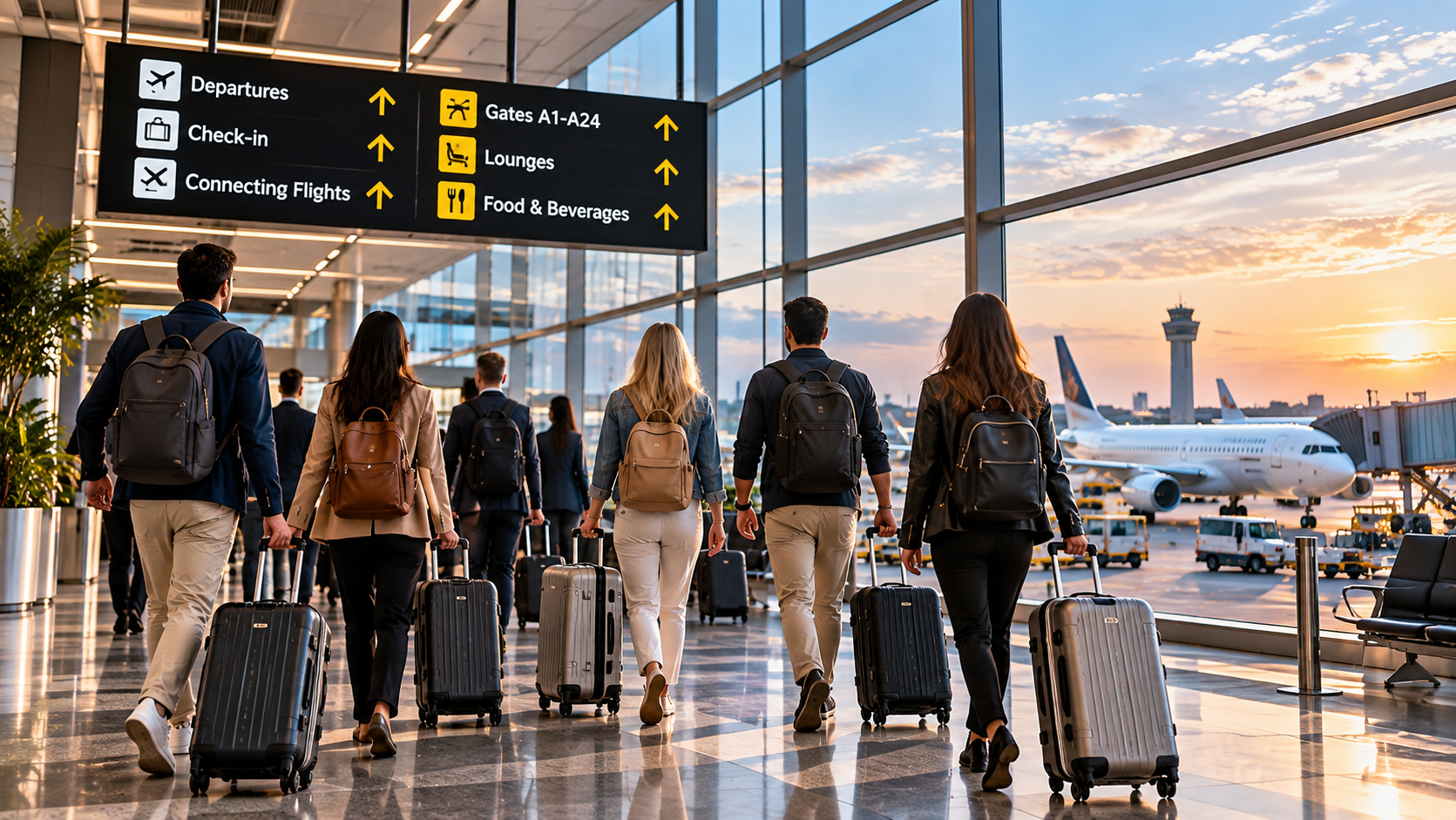 International group travel at an airport